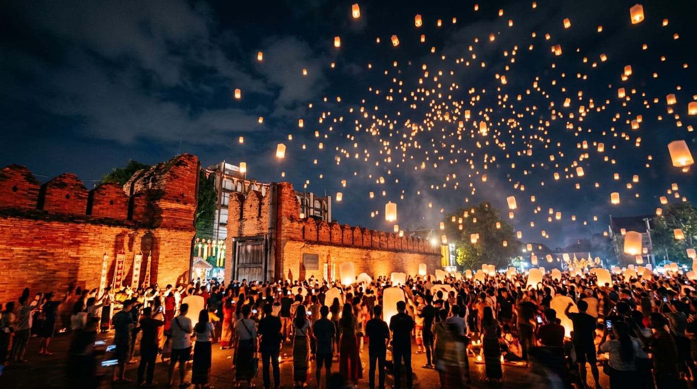 Thousands of glowing khom loi sky lanterns rising over the night silhouette of Tha Phae Gate during Yi Peng in Chiang Mai