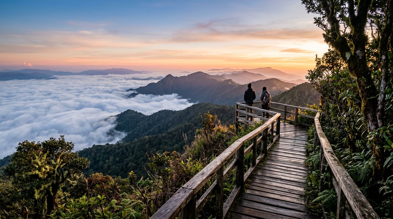 The Kew Mae Pan viewpoint at dawn with cloud filling the valley below the cliff edge