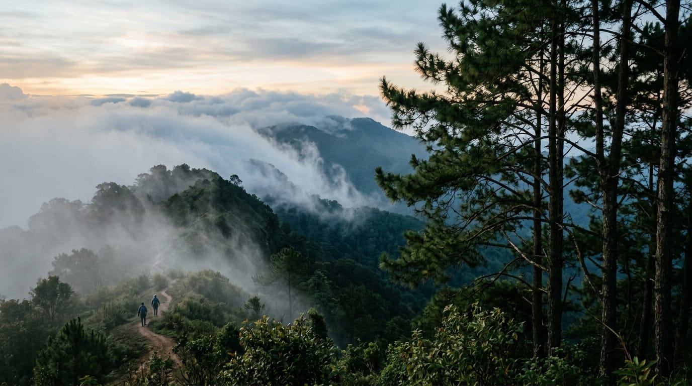 Morning mist rising off the ridge between Doi Pui and Doi Suthep, pine forest in the foreground
