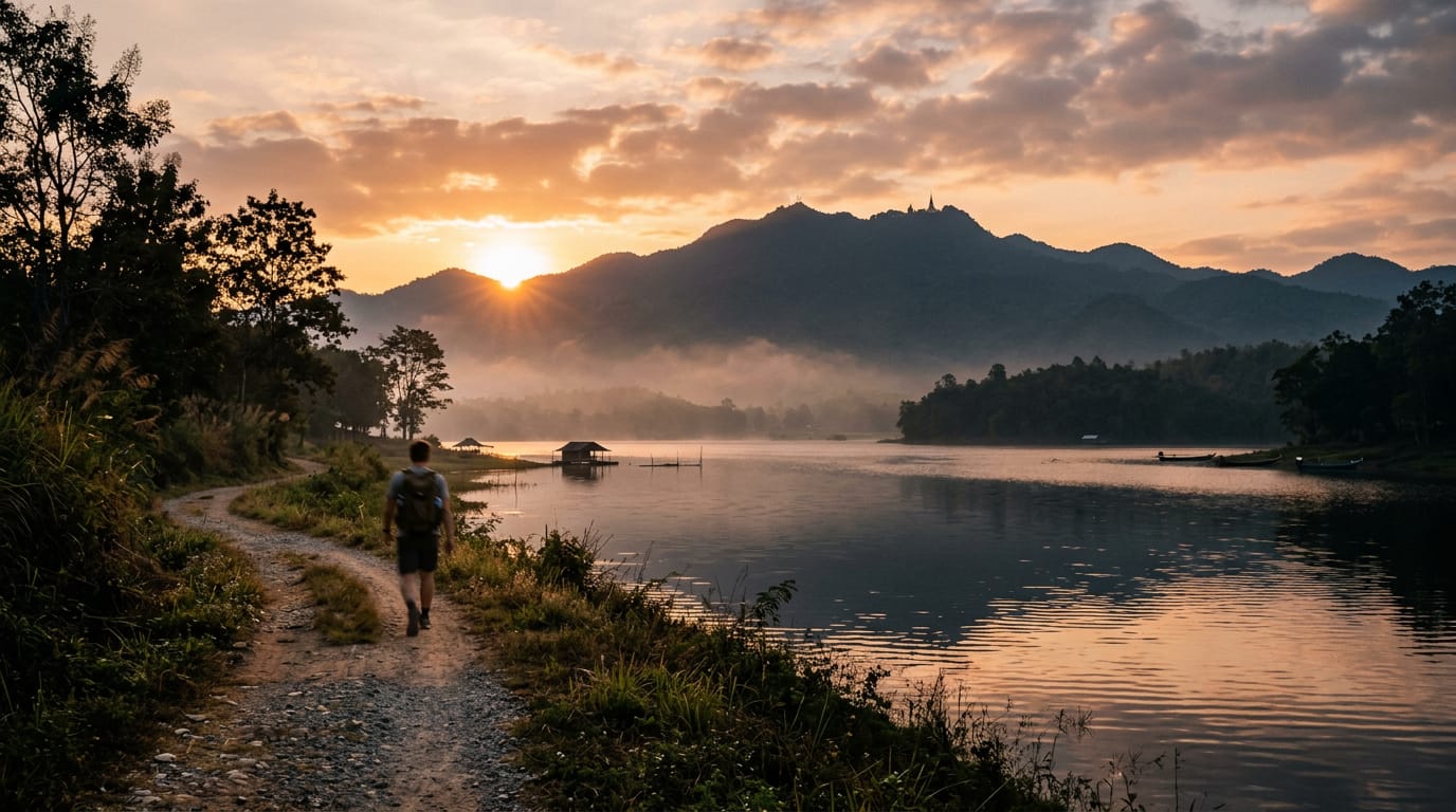 Sunrise over Huay Tung Tao reservoir with Doi Suthep silhouetted behind