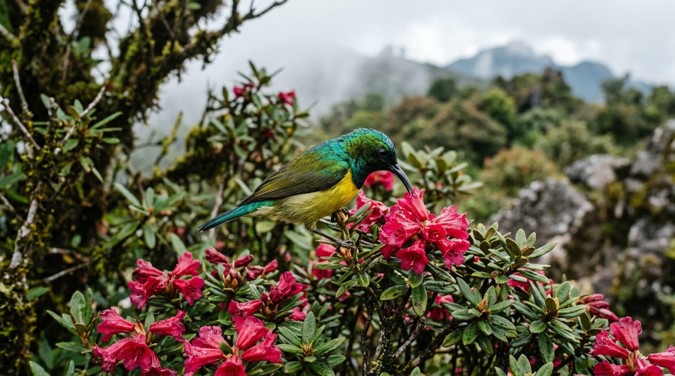 A male Green-tailed Sunbird feeding at a flowering rhododendron on the summit ridge of Doi Inthanon