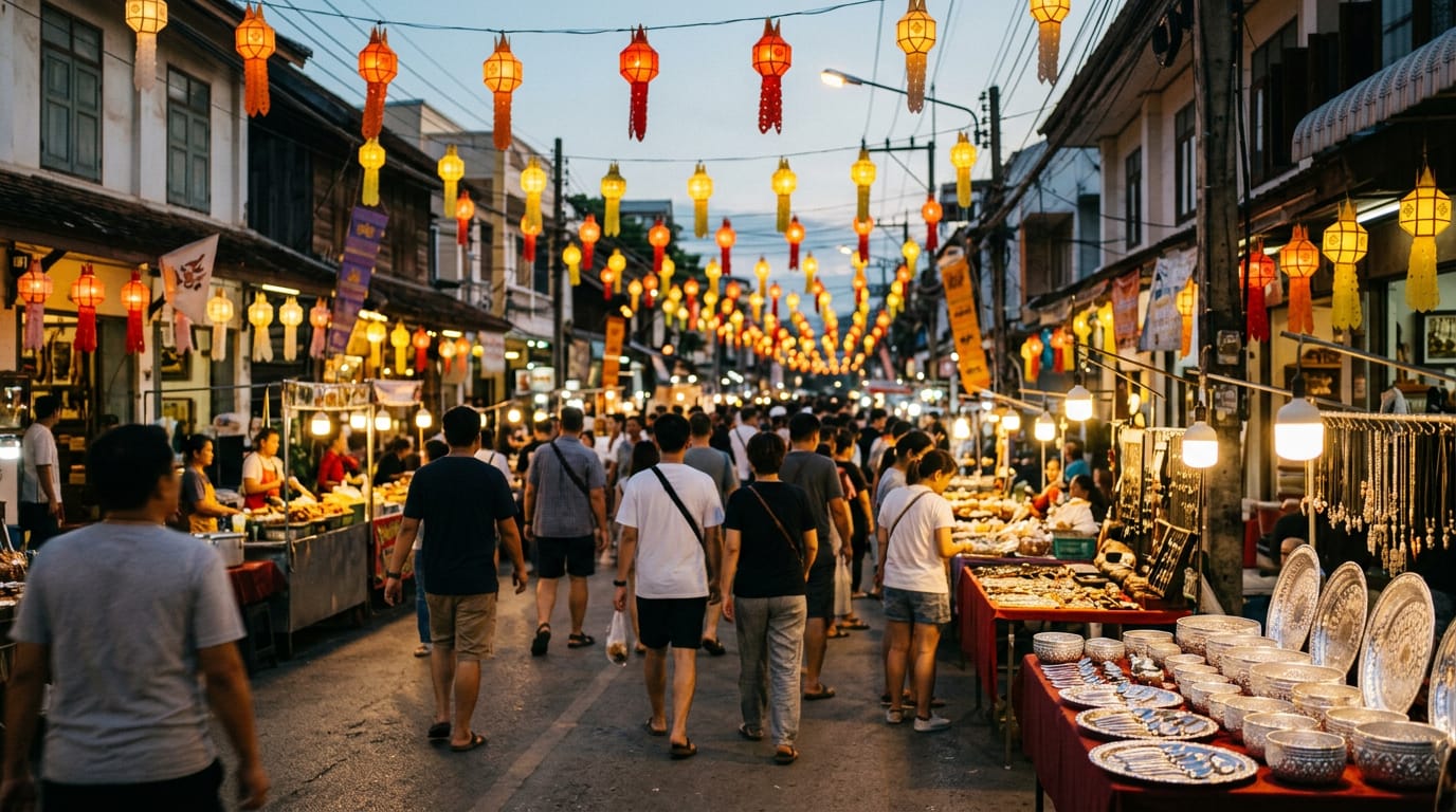 Saturday Walking Street on Wua Lai Road at dusk with silverware stalls, paper lanterns and shoppers strolling along the closed road
