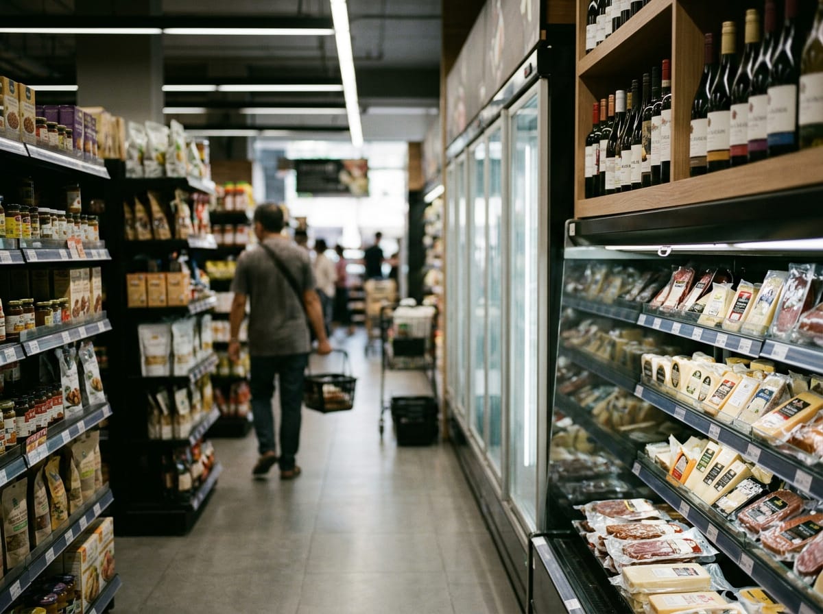 Rimping Supermarket international groceries aisle with imported cheeses and wines