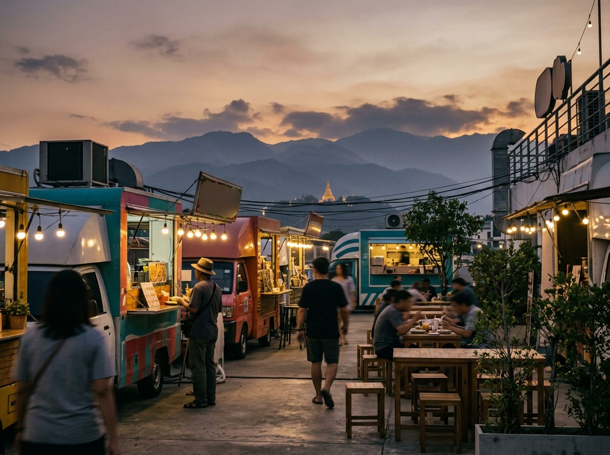 Maya rooftop food trucks at sunset with views of Doi Suthep