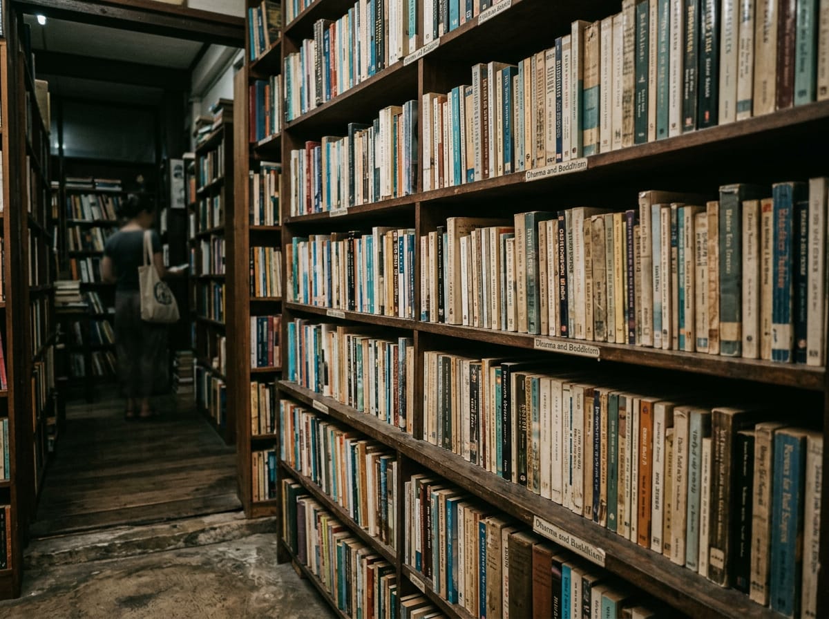 Dharma and Buddhism section at a Chiang Mai second-hand bookshop