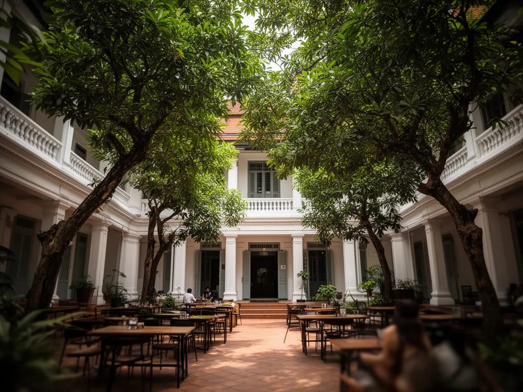 Inner courtyard of the colonial building, with the café tables under shade trees