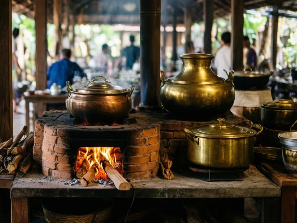 Reconstructed Lanna kitchen in the daily-life gallery with wood-fired clay stove and brass cooking pots