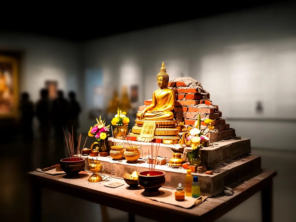 Small Buddhist altar reconstruction in the religion gallery, with offerings and incense bowls