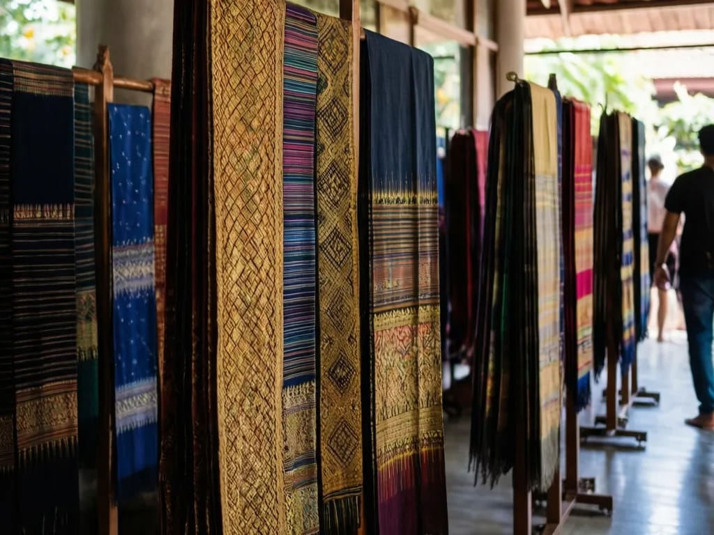 Hand-woven Lanna silk and cotton textiles displayed on vertical mounts in the costume gallery