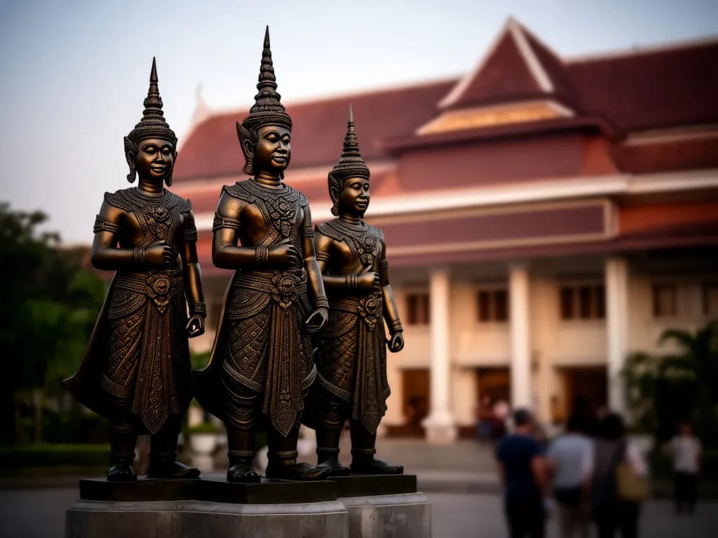 The Three Kings monument in the foreground with the cultural centre behind, photographed in the early evening