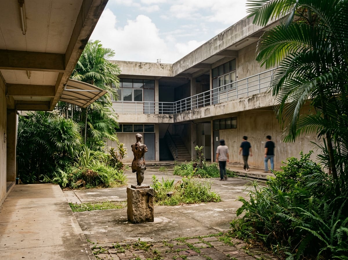 Open inner courtyard between the two exhibition wings, with a small sculpture in the centre