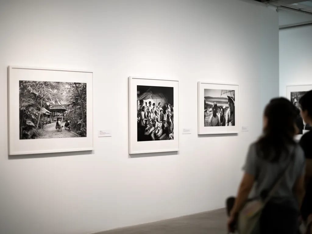 Black-and-white photography exhibition in the side gallery, with framed prints on white walls