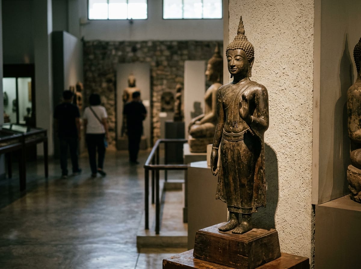 A standing Hariphunchai-period bronze Buddha image with the elongated face typical of the Mon style