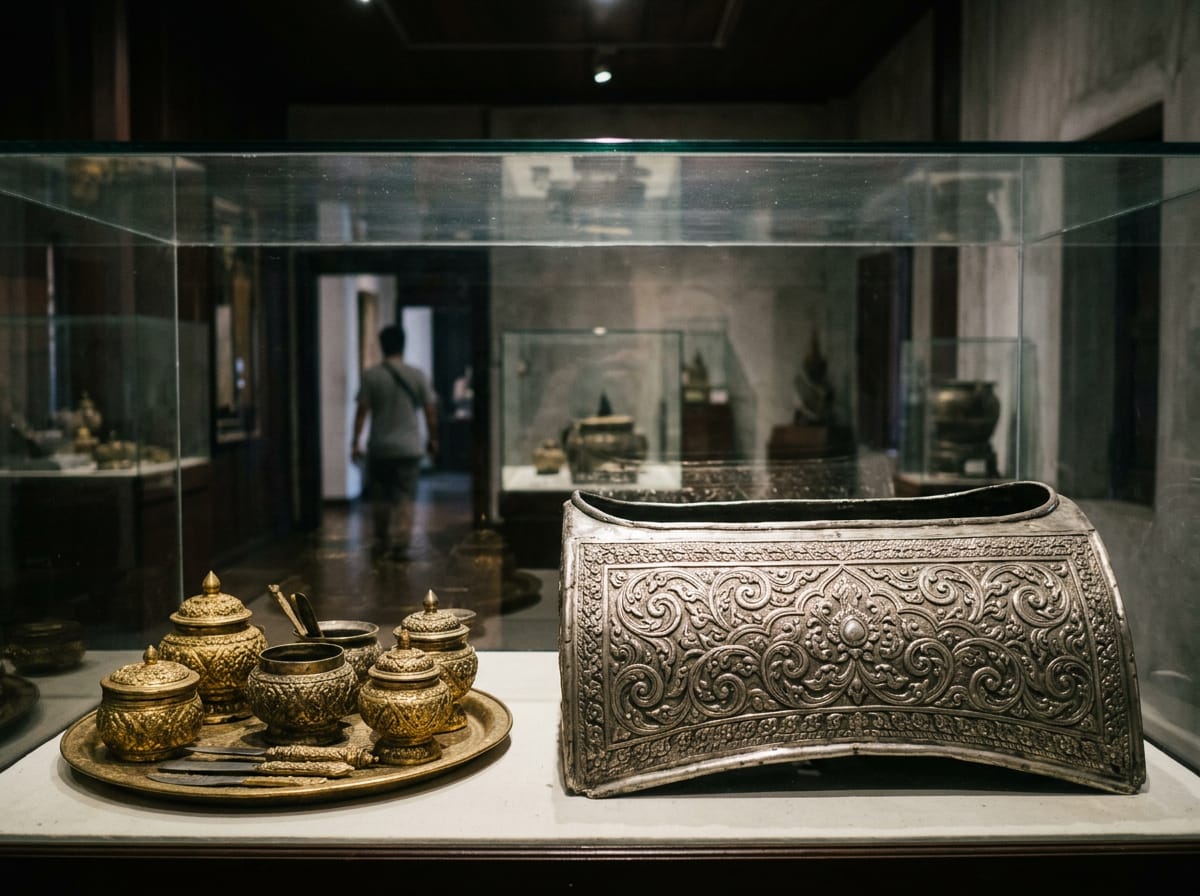 Ceremonial regalia of the Chiang Mai ruling house including a gold betel set and a silver howdah fitting