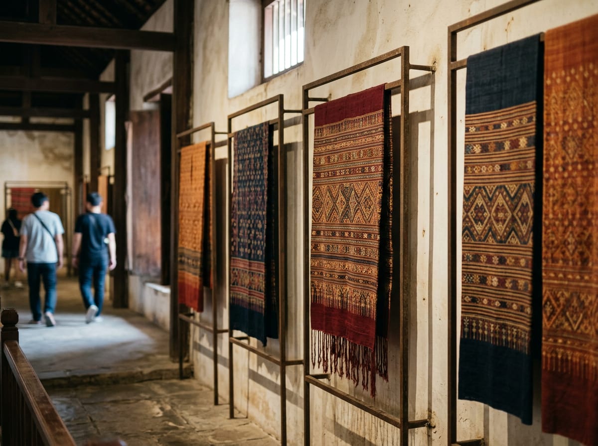 Hand-woven Lanna silk textiles on vertical mounts in the textiles gallery