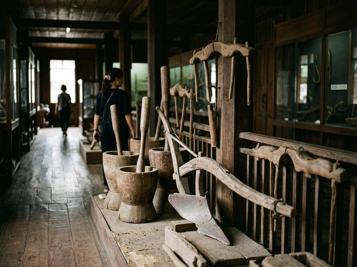 Wooden ploughs, rice pounders and shoulder yokes from the agricultural-tools gallery on the second floor