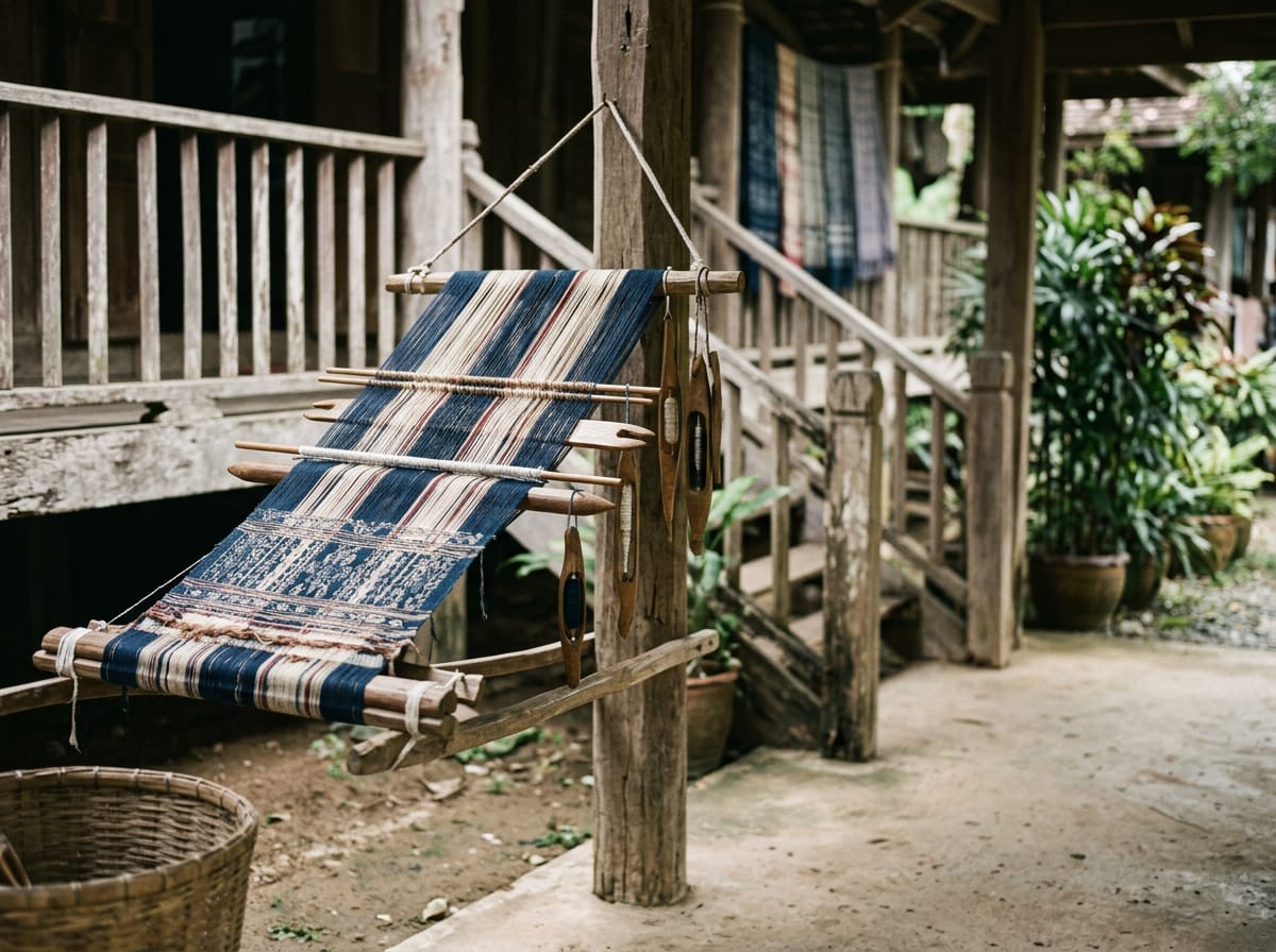 A Karen back-strap loom set up with a partially woven indigo cloth