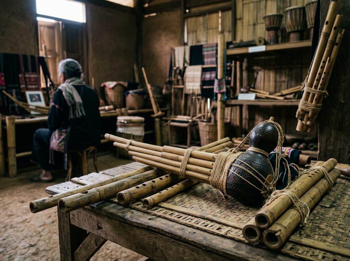 Lahu free-reed mouth organ and bamboo flutes on display in the music room