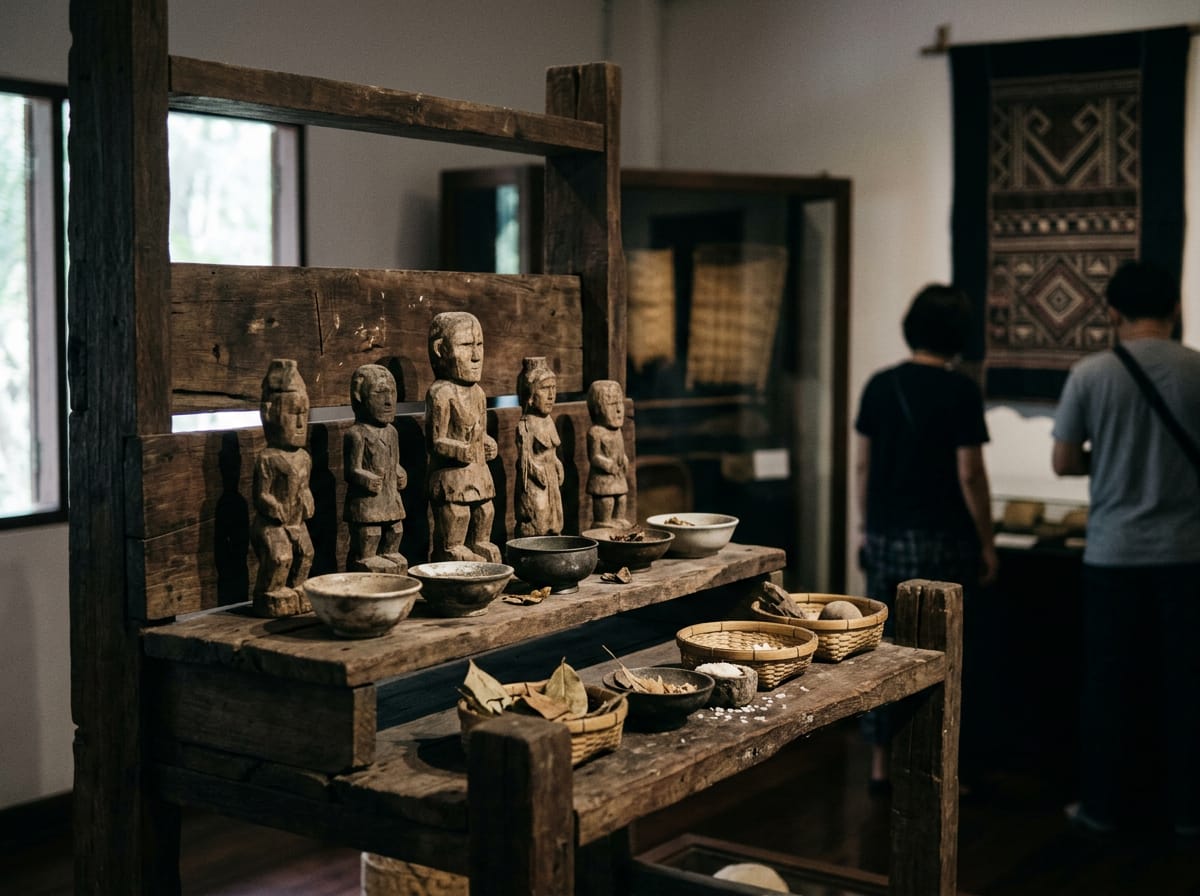 Reconstructed Akha household altar with carved wooden ancestor figures and offering bowls
