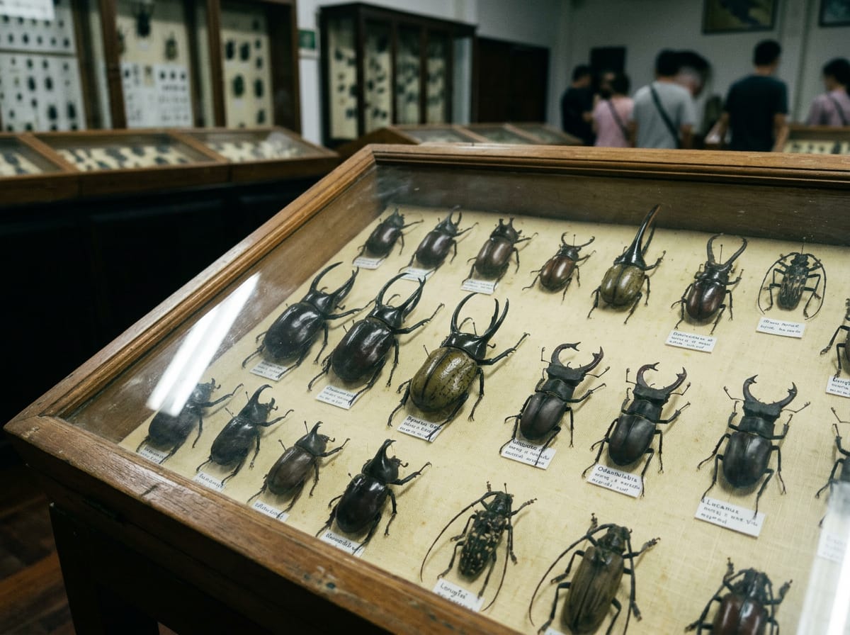Display case of giant rhinoceros, stag and longhorn beetles pinned and labelled by species