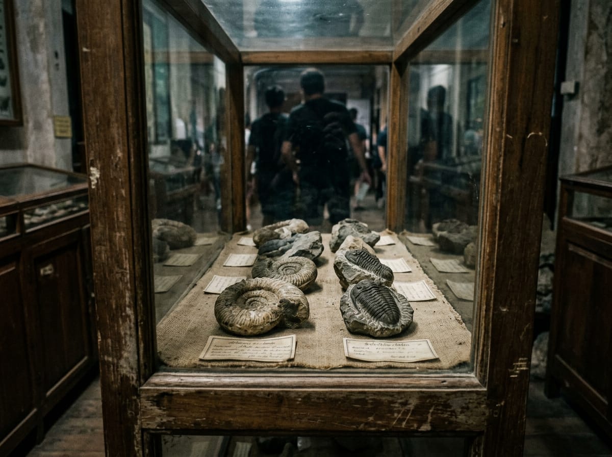 Fossil ammonites and trilobites in the natural-wonders room with handwritten labels