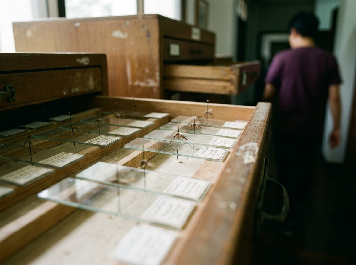 Glass slides of mounted mosquito specimens in the reference collection on the first floor