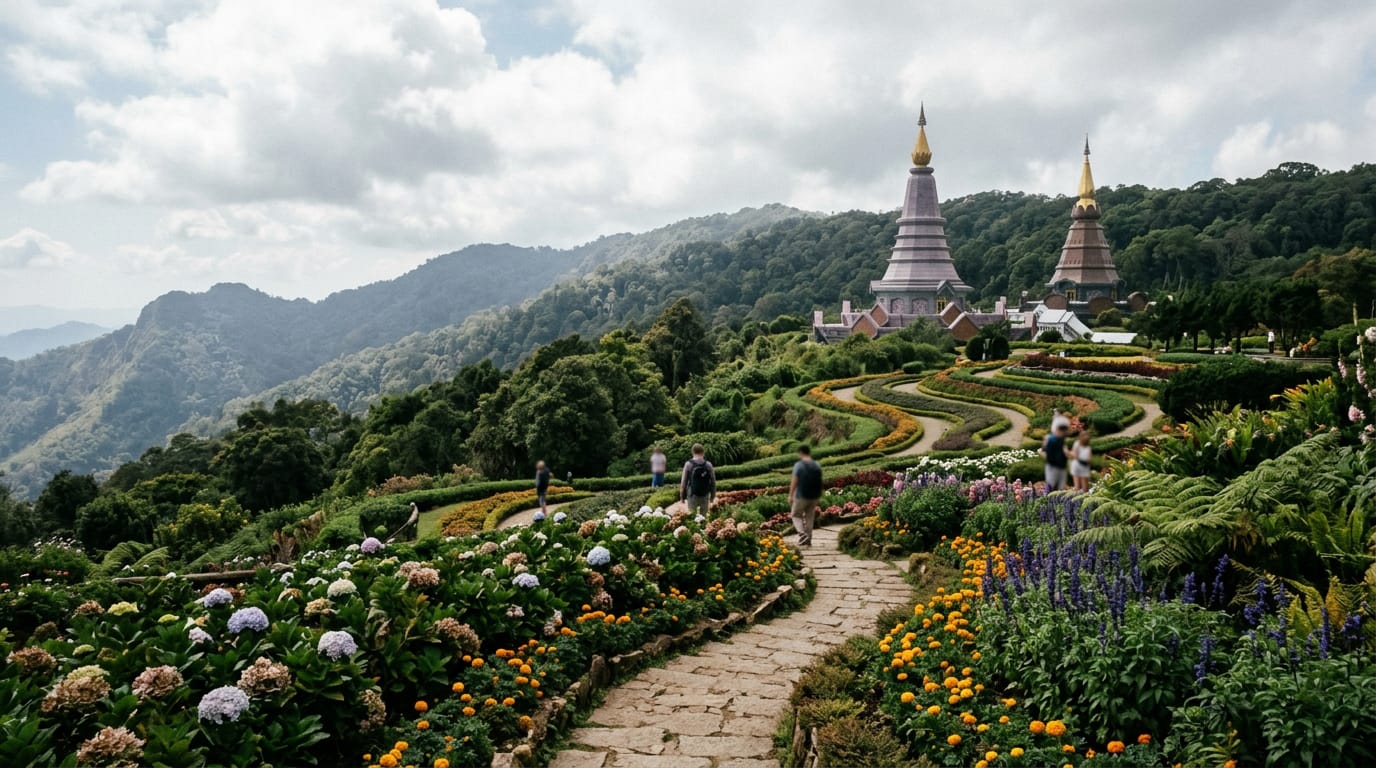 Twin royal pagodas of Naphamethanidon and Naphaphonphumisiri on Doi Inthanon, terraced flower gardens in foreground