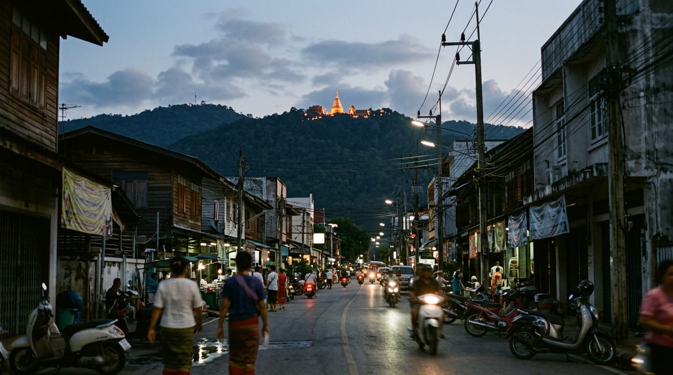 Doi Suthep mountain seen from Chiang Mai Old City at dusk, the temple lights visible high on the ridge