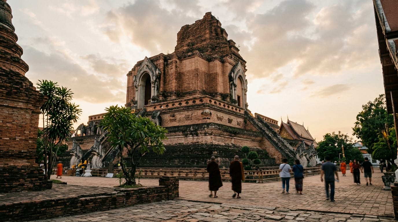 The ruined sixty-metre chedi of Wat Chedi Luang at golden hour, with the truncated upper levels still showing the original step pattern