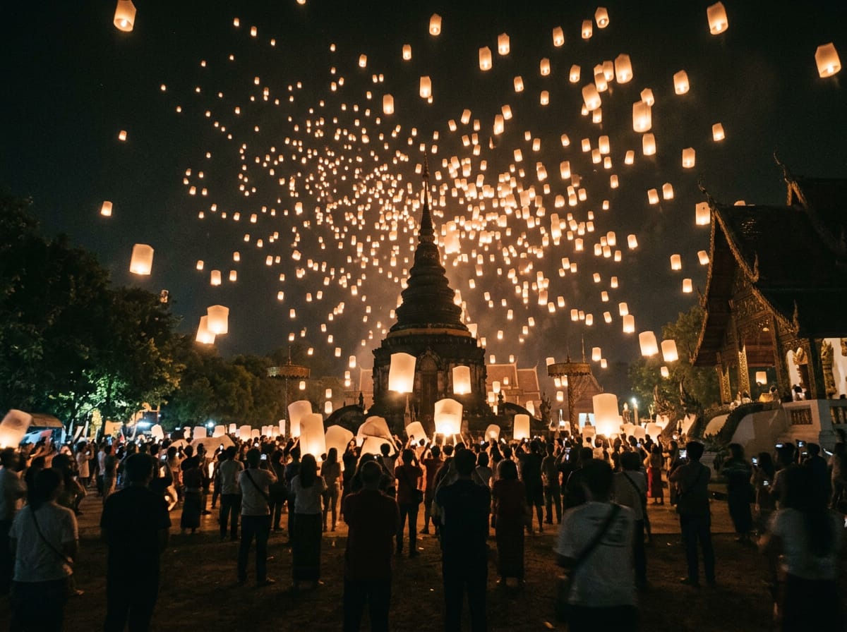 Sky lanterns rising in their thousands above the temple grounds during the Yi Peng mass release